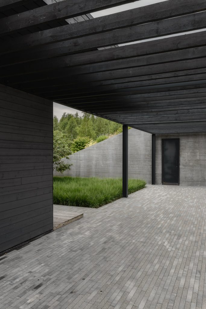 Moderný prízemný dom s tmavým borovicovým obkladom a kovom