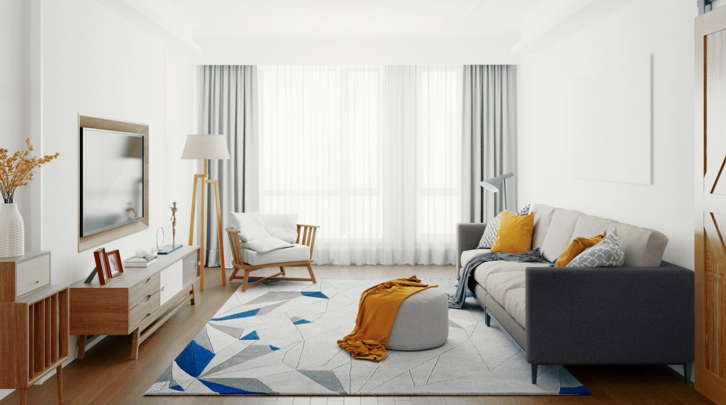 Moderná obývačka so záclonami a abstraktným kobercom