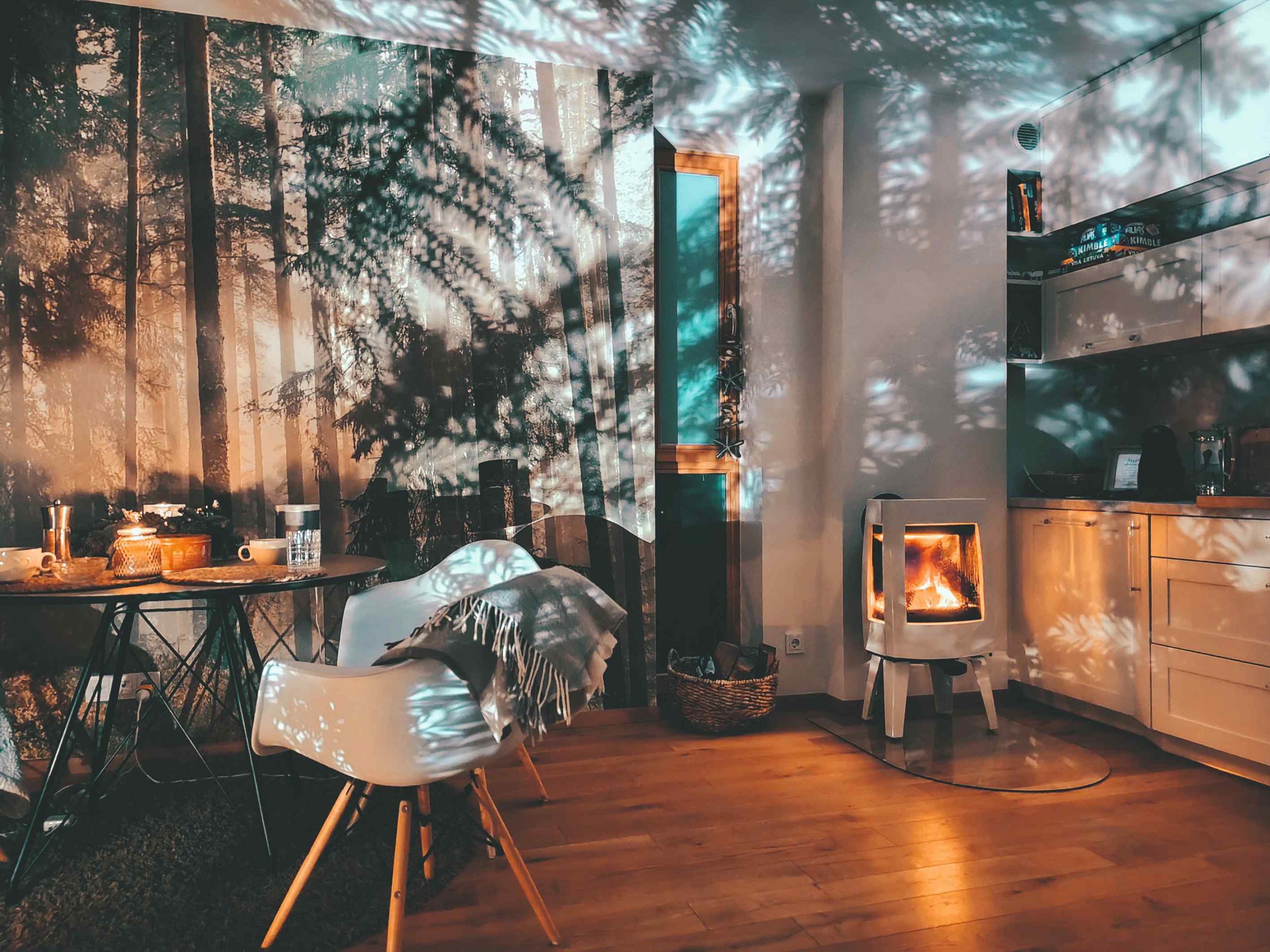 Obývačka s krbom, sklenenou izolačnou podložkou a domáckou atmosférou