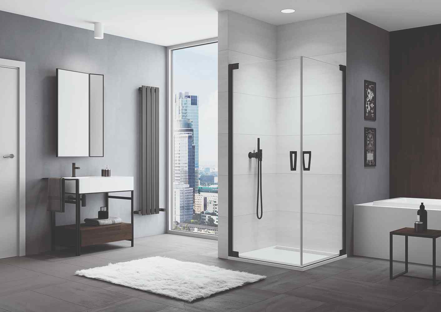 Kúpeľňa s moderným sprchovacím kútom s čiernym rámovaním