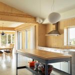 Jednoduchá jedáleň a kuchyňa vo víkendovom drevenom dome