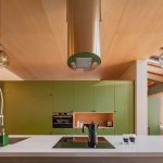 Moderná hnedo zelená kuchyňa s valcovým digestorom