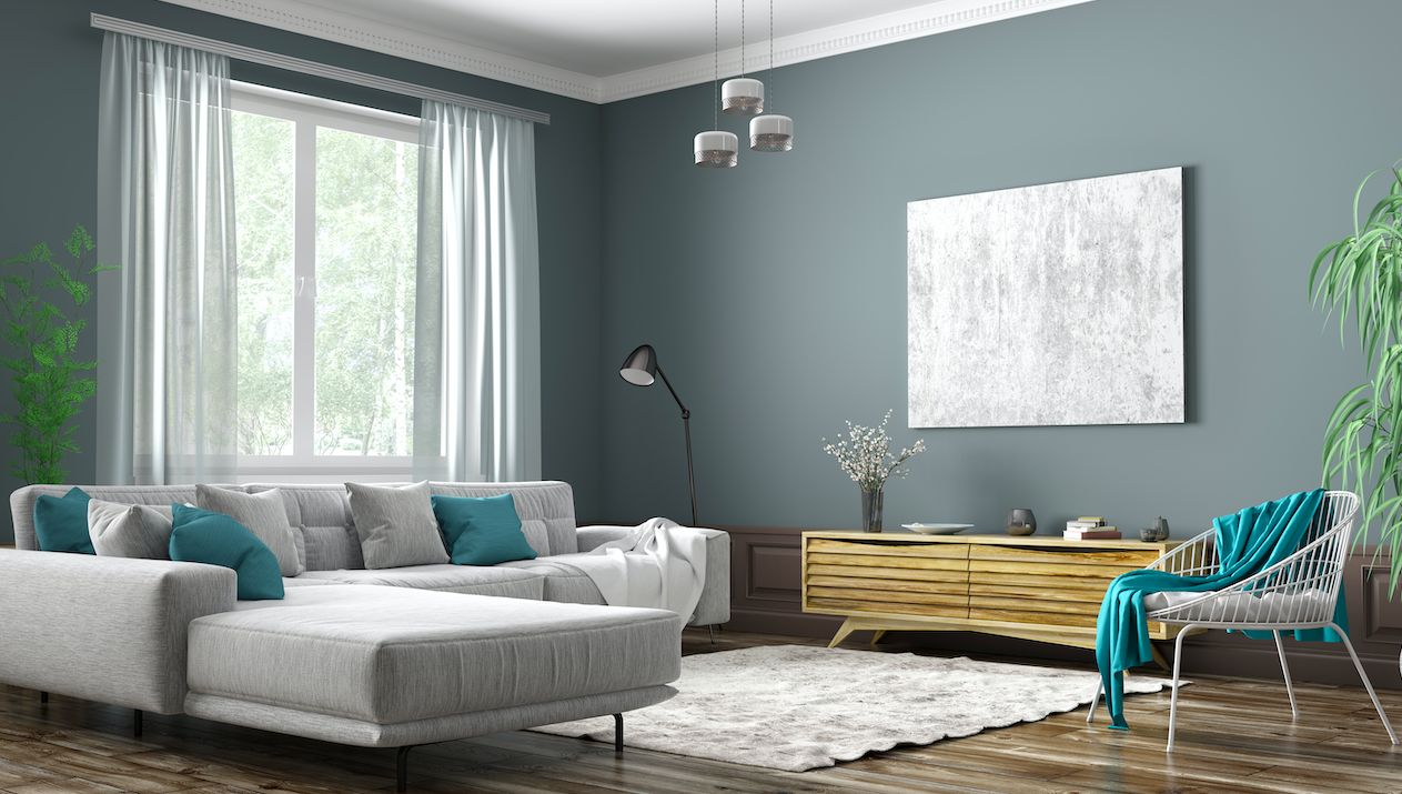 obývacia izba so sivou sedačkou