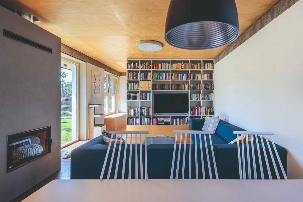 Obývačka s preglejkovým stropom modrým gaučom a krbom