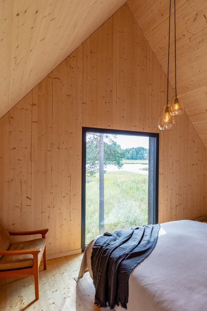 Spálňa v dome zo svetlého dreva s veľkým oknom do prírody
