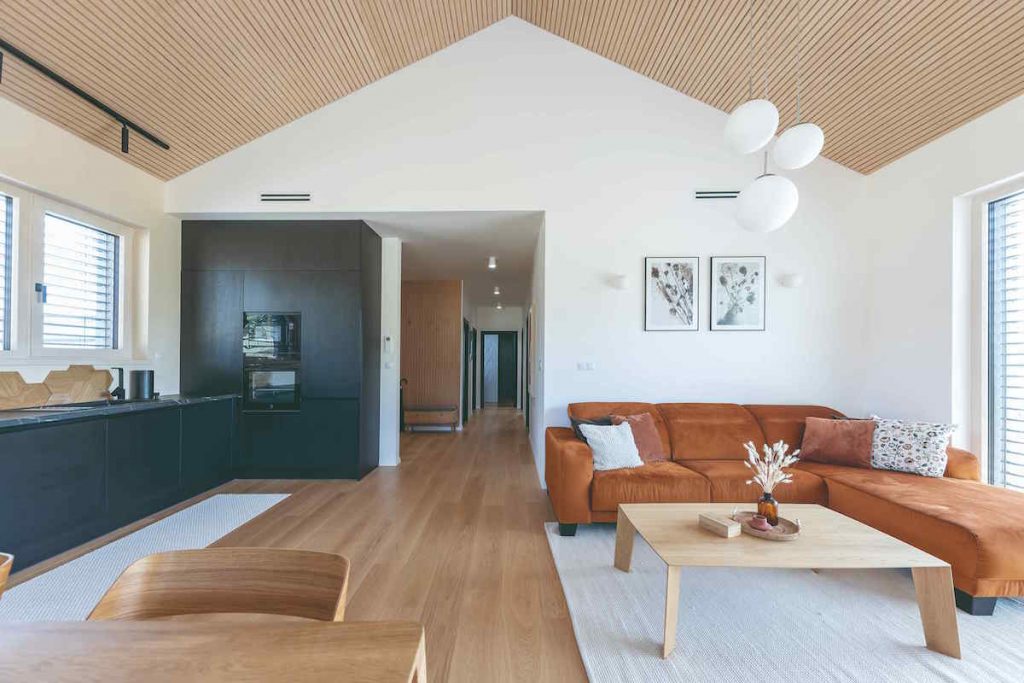 Prírodná obývačka spojená s kuchyňou pod šikmým stropom