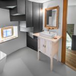 Moderná toaleta s geometrickou skrinkou