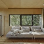 obývačka kontajnerovej chatky so psom na gauči