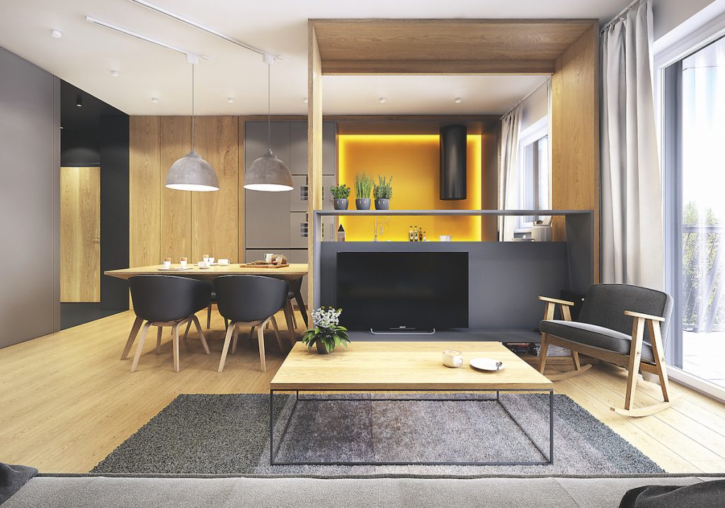 Čiernožltá kuchyňa s jedálňou v kombinácii s drevom