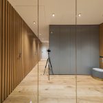 Chodba moderného bytu s lamelovou sivou a zrkadlovou stenou