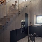Vnútro drevodomu s kuchyňou schodiskom a psom