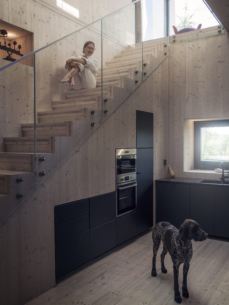 Vnútro drevodomu s kuchyňou schodiskom a psom