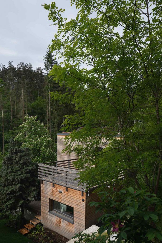 Geometrická pasívna moderná drevostavba v lese