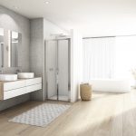 Moderná béžová kúpeľňa s atypickým sprchovým kútom