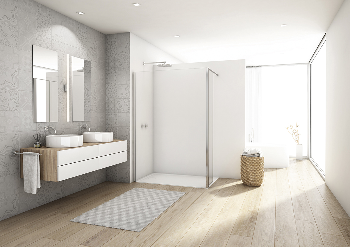Moderná béžová kúpeľňa s atypickým sprchovým kútom