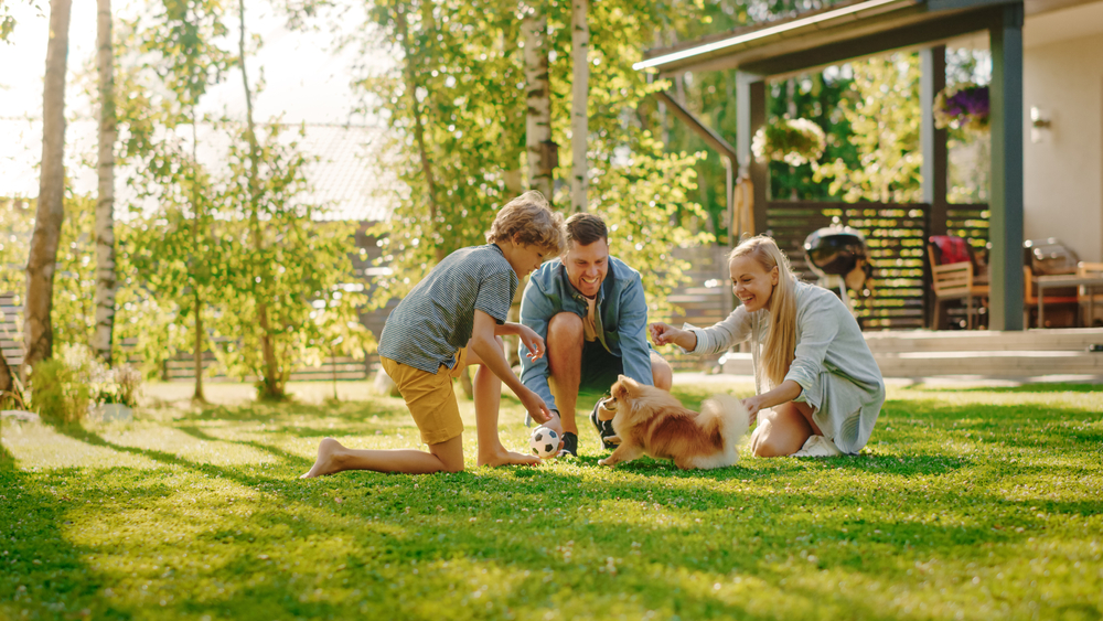 Rodina sa hrá na trávniku pred domom