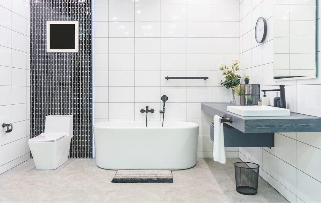 Čiernobiela moderná kúpeľňa s voľne stojacou vaňou