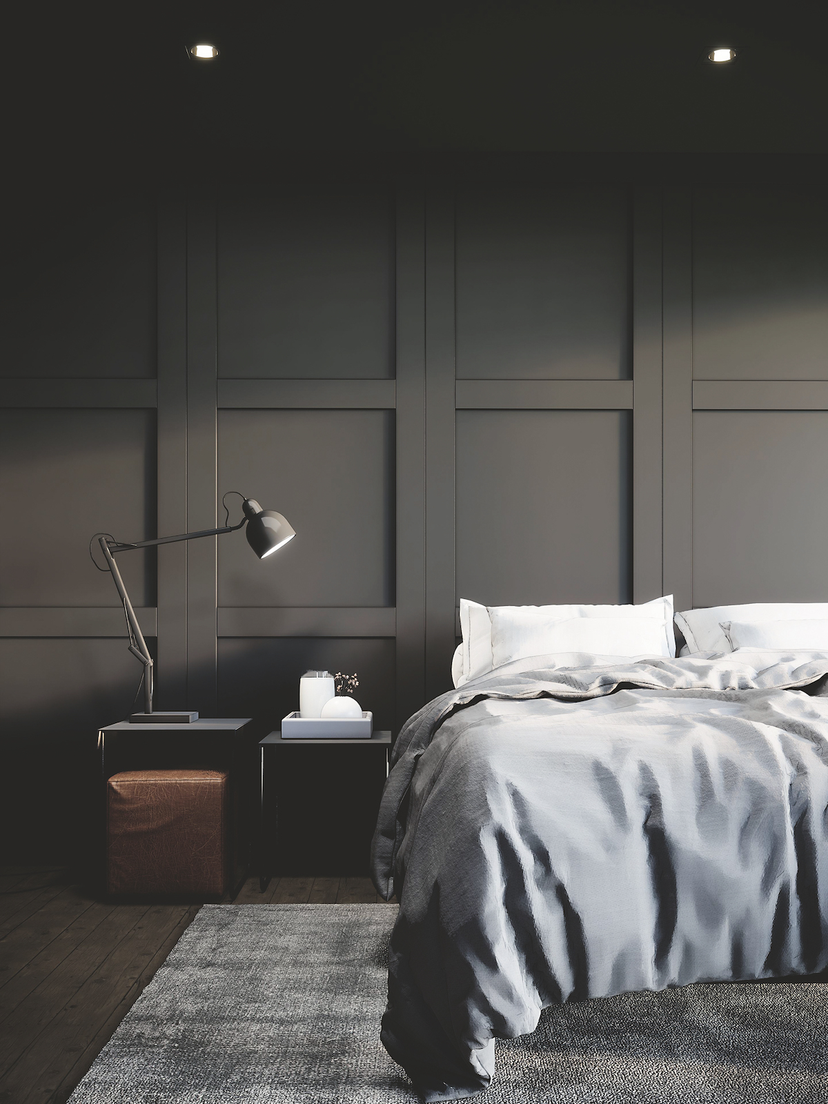 Black modern bedroom mock up interior design with furniture