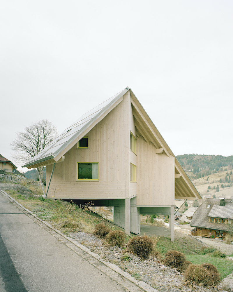 Vidiecky moderný drevený dom so zeleným interiérom