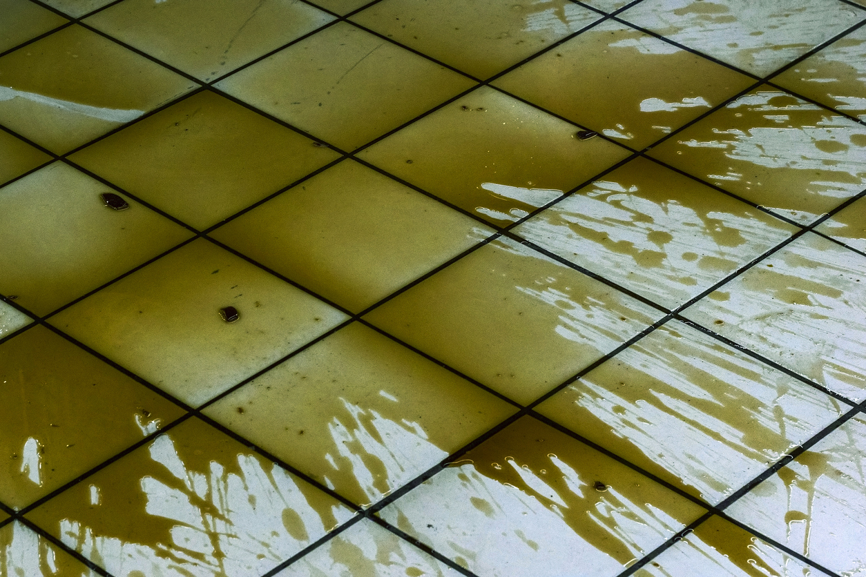 Big dark spot on light tile, spilled liquid.