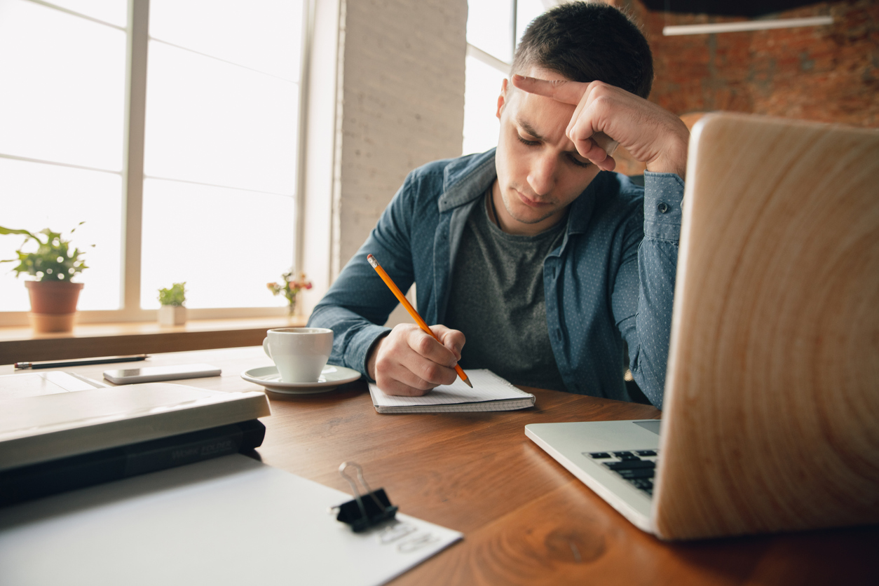 Creative workplace - organized work space as you like for inspiration, man working in office with coffee