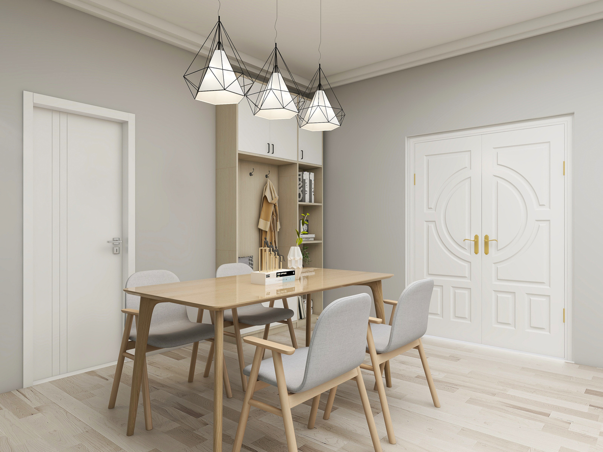 3D rendering, warm dining room area design, wooden table and chair