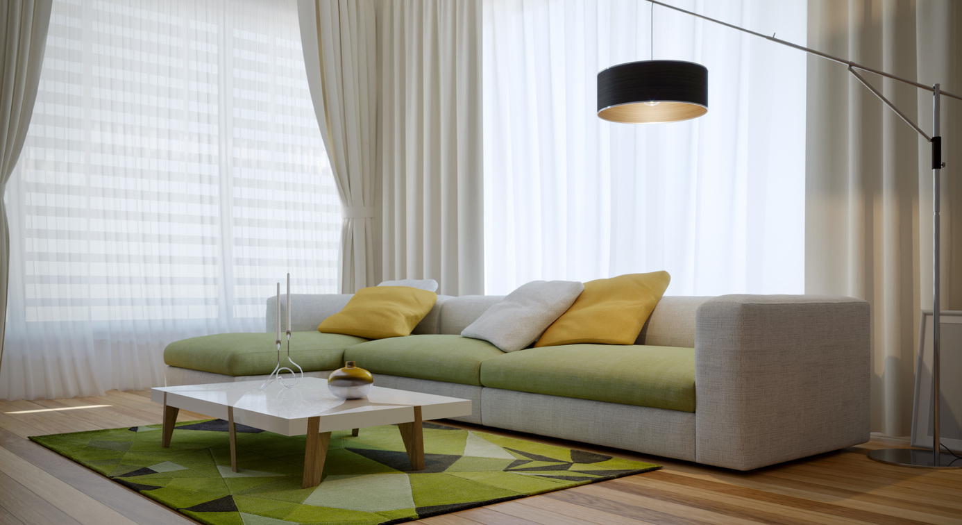 Moderná obývačka so zelenými tónmi
