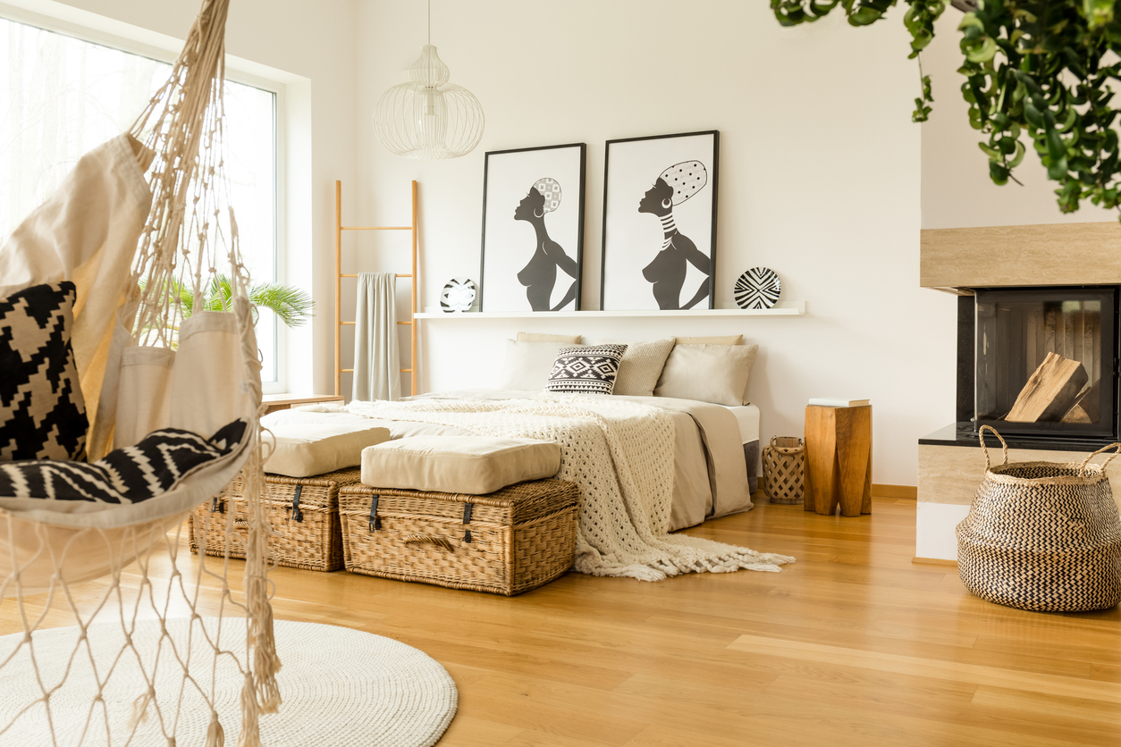Fireplace in boho bedroom interior