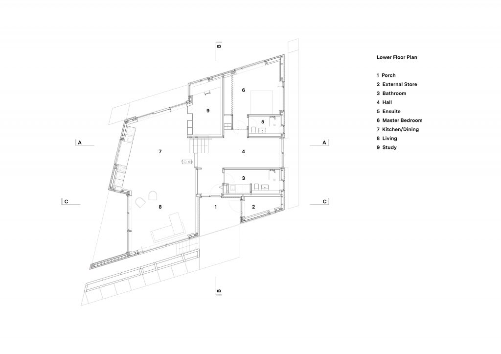 Nákres dolného poschodia - Smrekovcový dom Fiscavaig