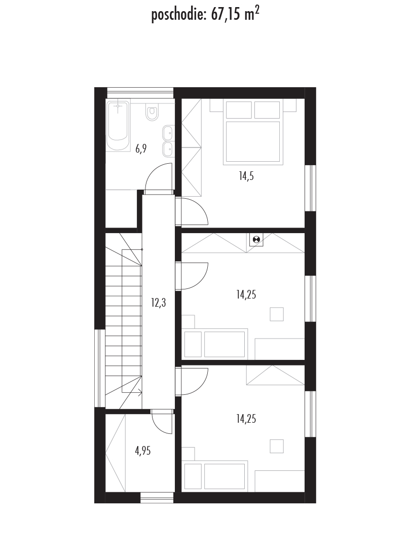 Pôdorysy s výmerami - poschodie - Projekt rodinného domu KD 45