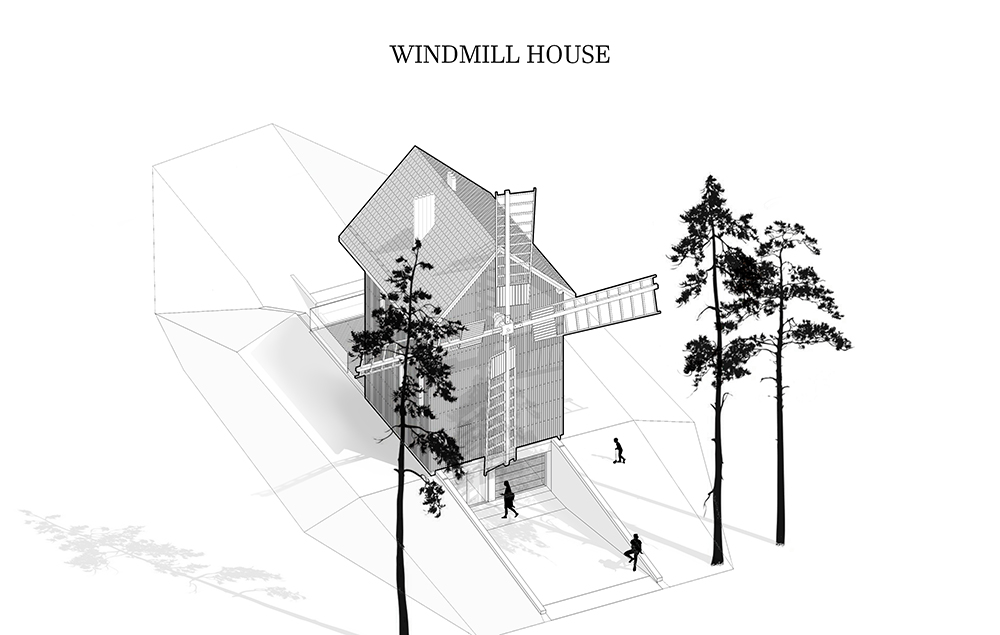 Schéma finálneho projektu veterného mlyna ako rodinného domu - Dom Veterný mlyn v Lubline, Poľsko