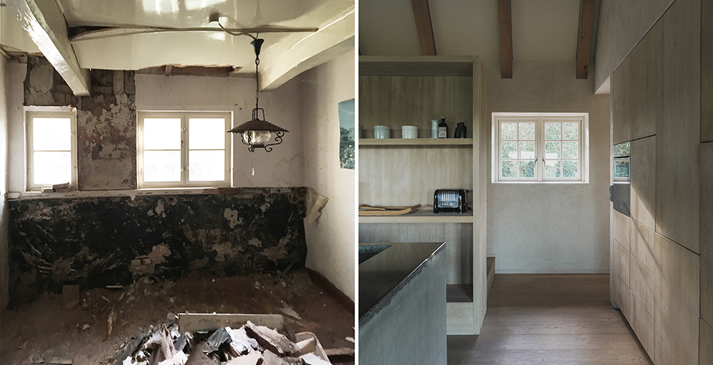 Pred a po rekonštrukcii - Nieby Crofters Cottage v Nemecku