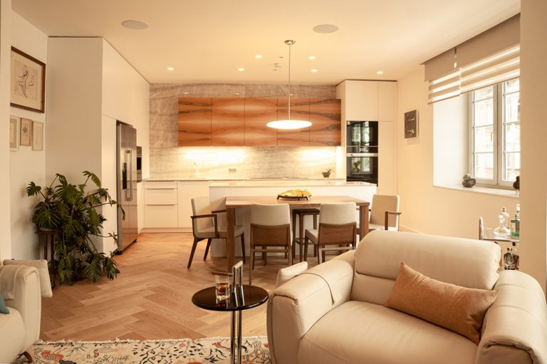 Denná zóna s obývačkou a kuchyňou - Rekonštrukcia bytu s prvkami funkcionalizmu v Brne