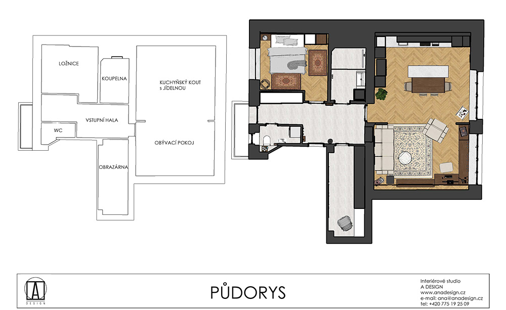 Pôdorys - Rekonštrukcia bytu s prvkami funkcionalizmu v Brne