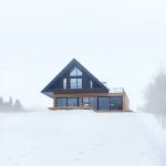 Moderná chata v zime, zasnežená príroda