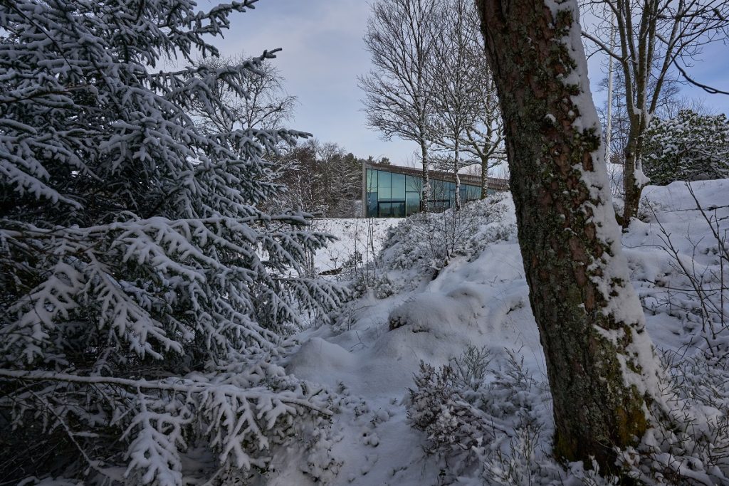 moderná drevostavba medzi stromami, zimná príroda, sneh, Nórsko