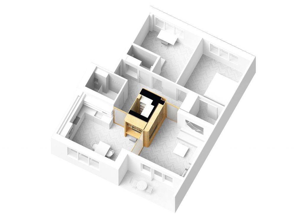 3D model dispozície bytu s nábytkovým boxom v strede