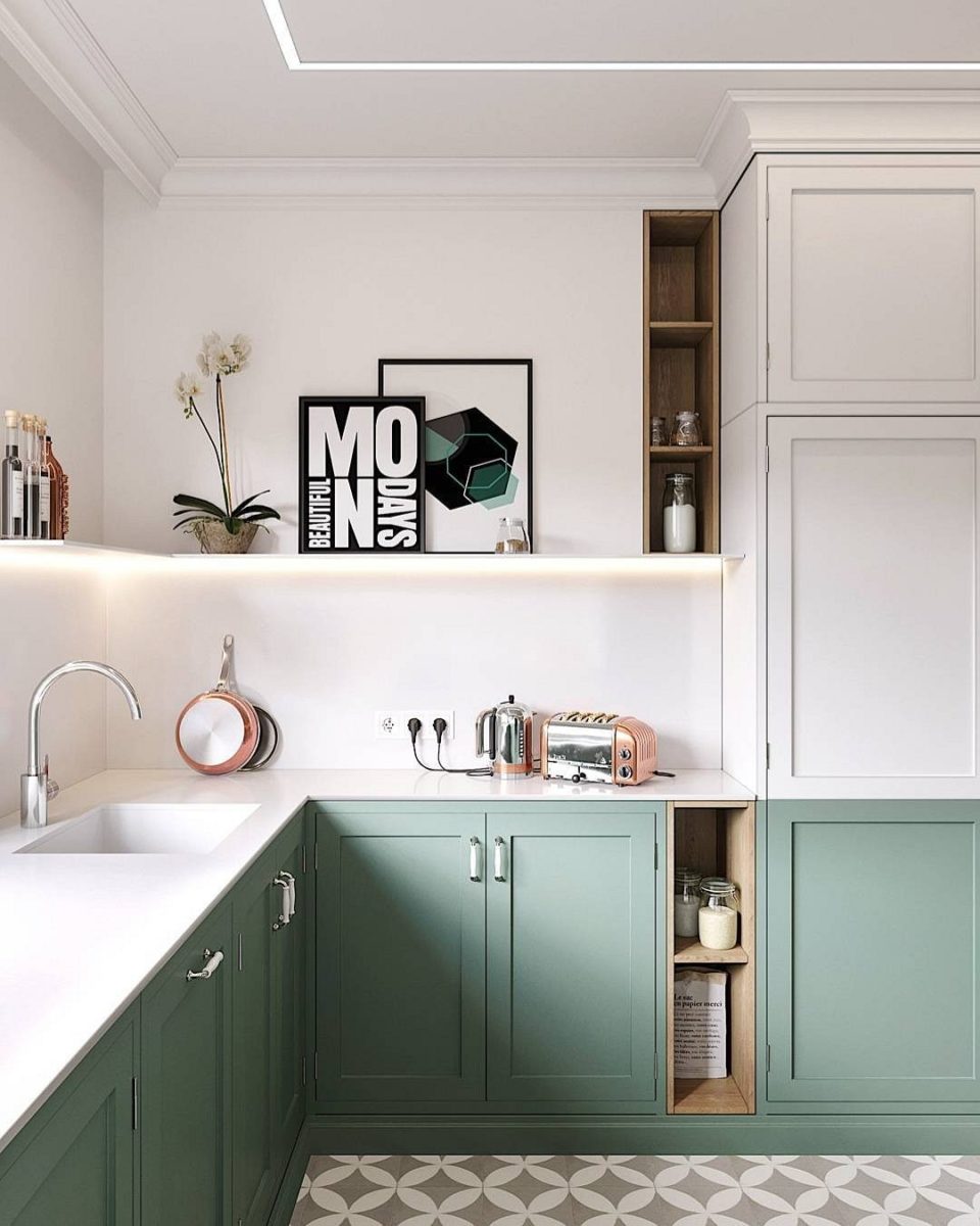 zeleno-biela kuchyňa bez horných skriniek