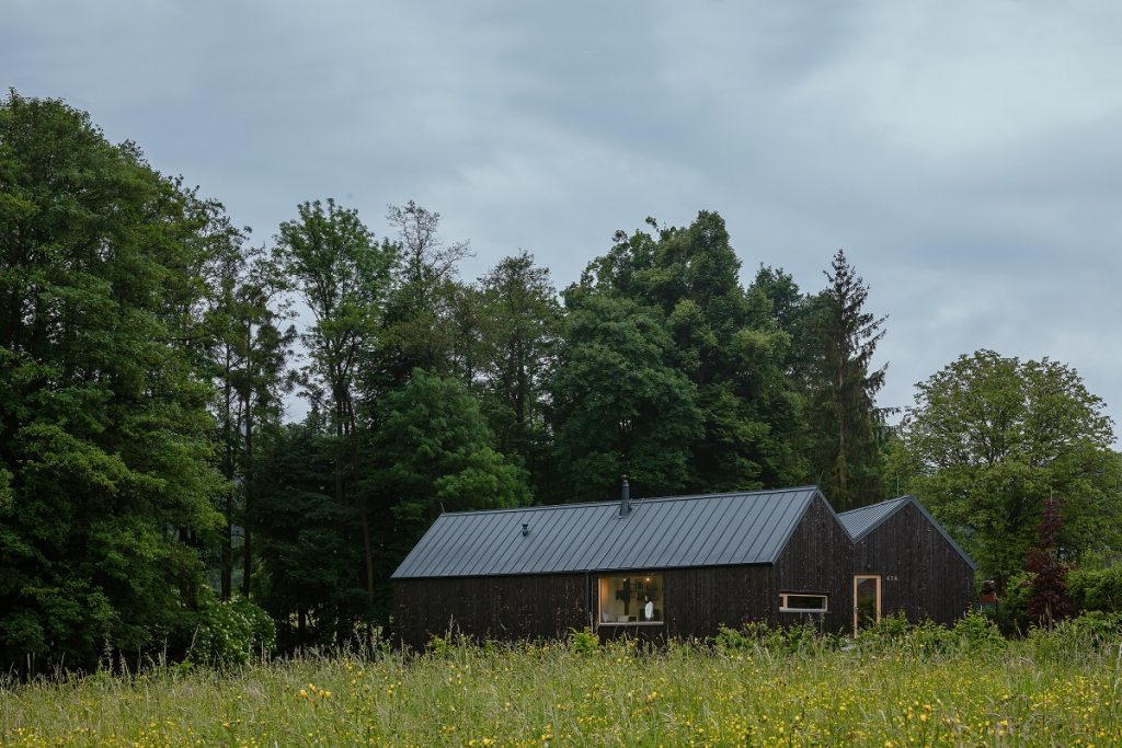 drevený dom so sedlovou strechou pri lese