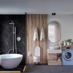 moderná kúpeľňa s drevom a čiernym obkladom