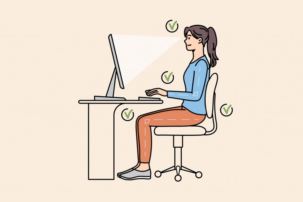 kreslená schéma zdravého sedenia pri počítači