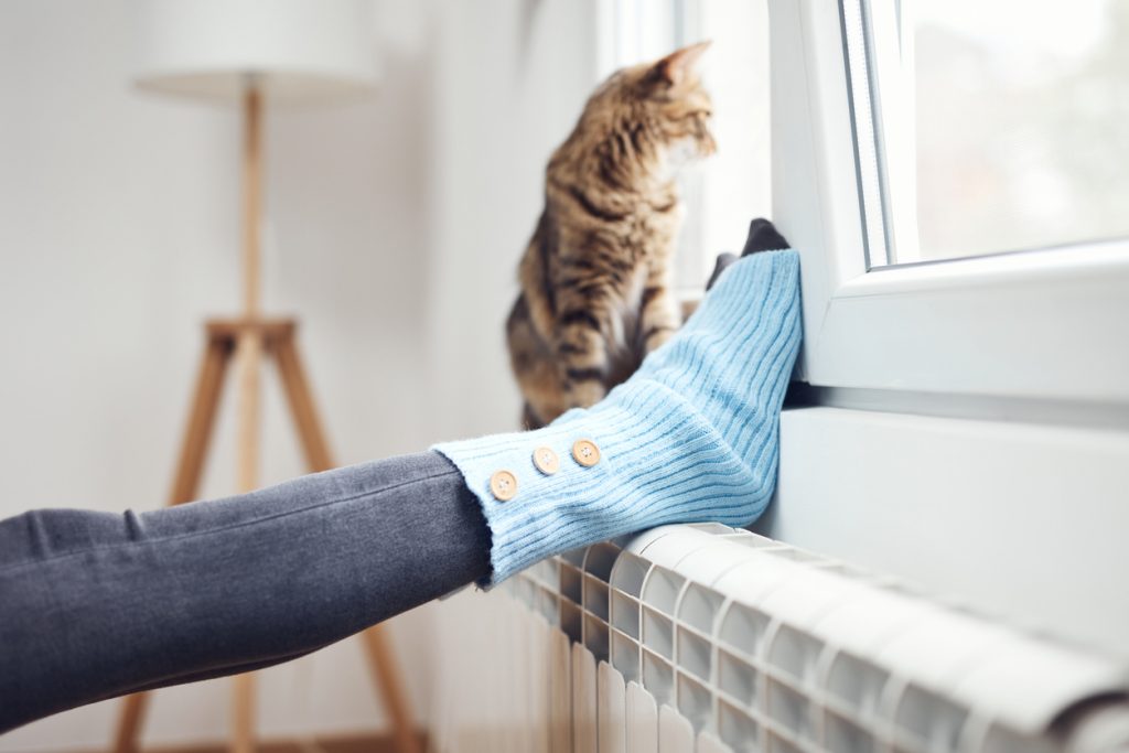 nohy v hrubých modrých ponožkách na radiátore, mačka