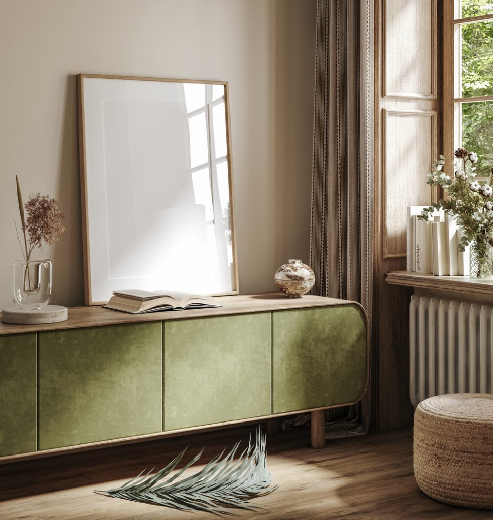 obývačka so zelenou skrinkou a drevom