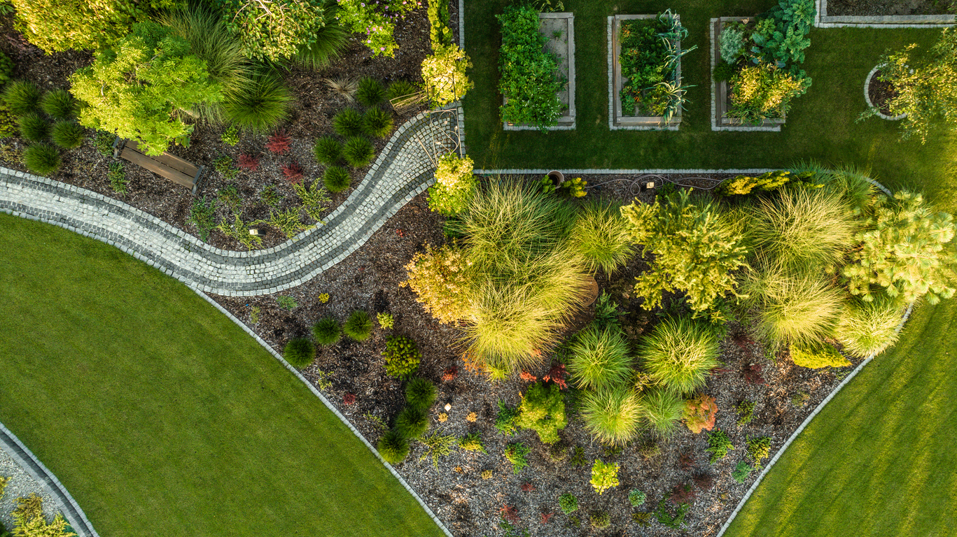 Aerial View of Modern Backyard with Vegetable Garden