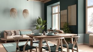 obývačka so zelenými stenami a dreveným nábytkom