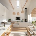 noderná bielo-béžová obývačka s kuchyňou otvorená do krovu, ratanové svietidlá, kuchynský ostrov