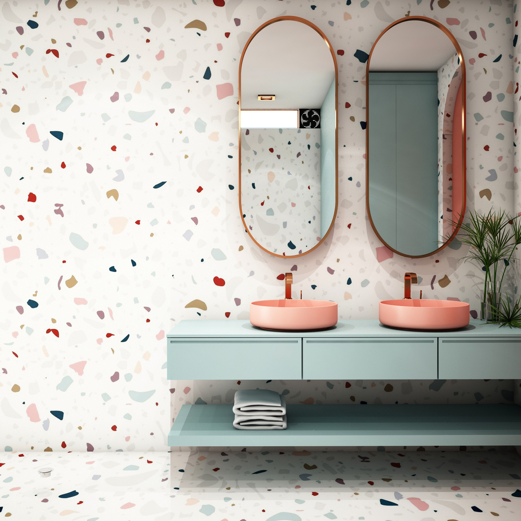 ružovo-zelená kúpeľňa, terazzo efekt na stene