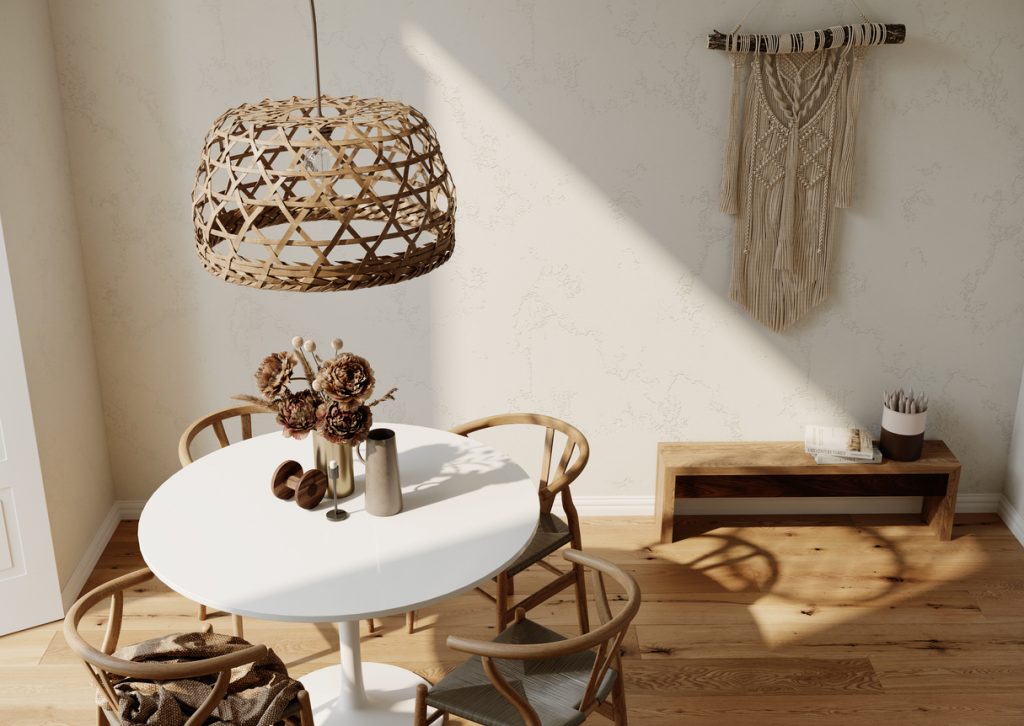 moderná obývačka s lampou zo špagátu