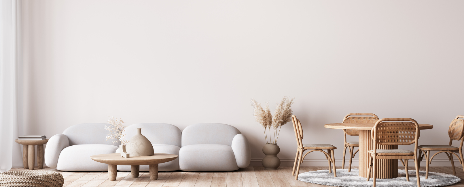 Minimal modern home design with warm furniture colors, poster frame mockup on bright interior background