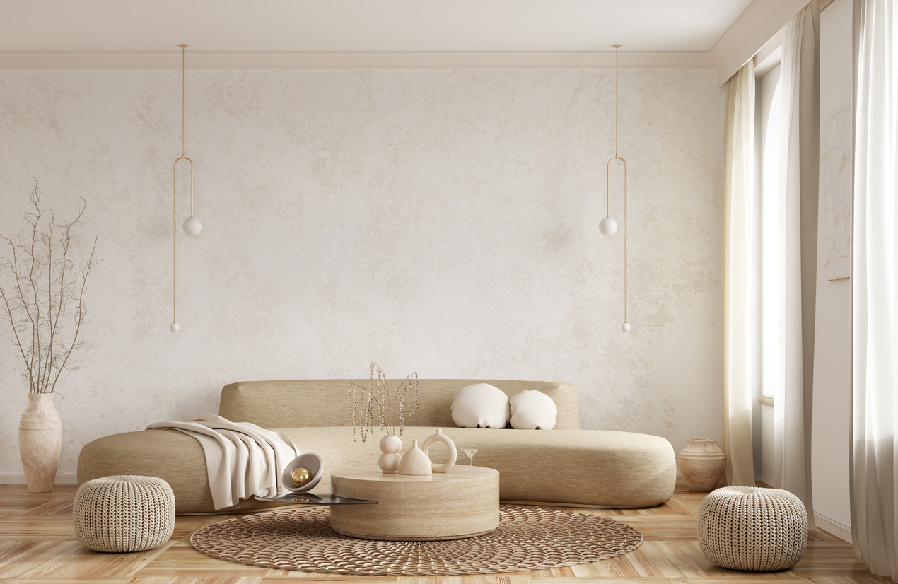 béžová obývačka, okrúhly koberec